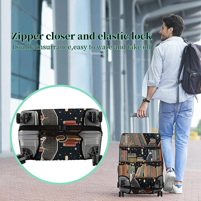 Luggage Cover + Tag, Cat Library Travel Suitcase Protector for 18-20 inch Luggage (S) with Concealed Zipper, Washable Elastic Cloth, Dustproof, Anti-Scratch