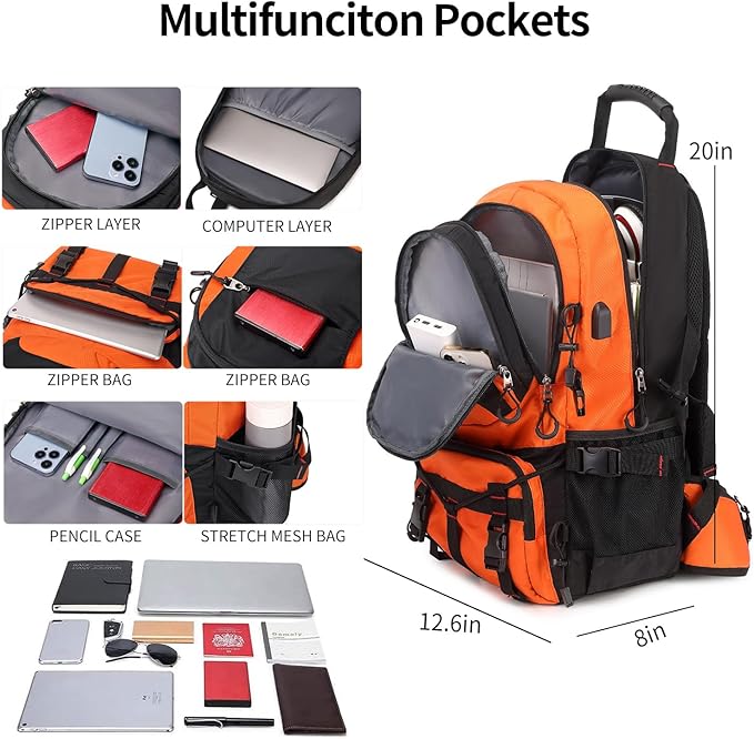 Nerlion 40L Hiking Backpack Travel Backpack for Men Women Camping Waterproof Outdoor Hiking Daypack Lightweight Backpack (Orange)