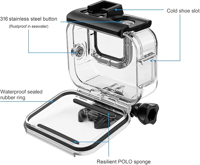 SOONSUN Waterproof Case for GoPro Hero 13 12 11 10 9 Black,196FT/60M Underwater Protective Diving Housing with Accessories, Built-in Dual Cold Shoe Mount to Connect Video Light and Microphone