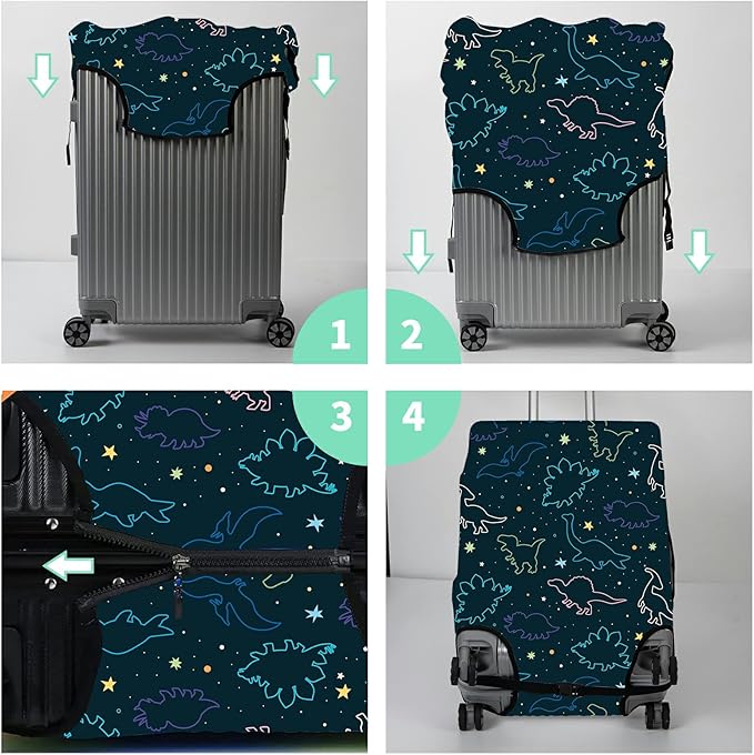 Luggage Cover Suitcase Protector Plus 1 Luggage Tag, Dinosaurs Space Travel Suitcase Cover Suitable for 22-24 inch Luggage (M) with Concealed Zipper Washable Elastic Cloth Dustproof Anti-Scratch
