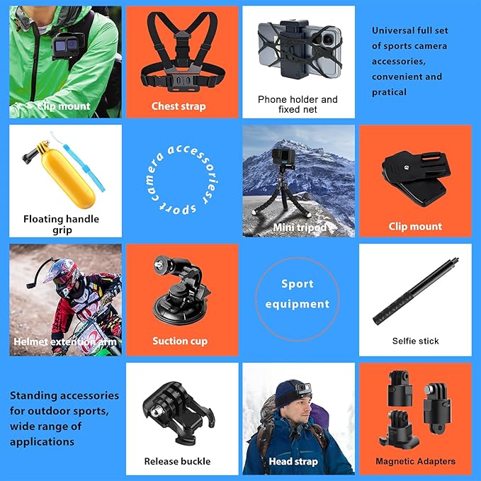 HONGDAK 70in1 Upgrade Action Camera Accessories Kit Compatible with GoPro Hero 13 12 11 10 9 8 7 6 5 4 3 3+ Max 11 mini Insta360 X5 X4 X3 X2 GO3 DJI Osmo Action 4 3 AKASO Sony Sports DV