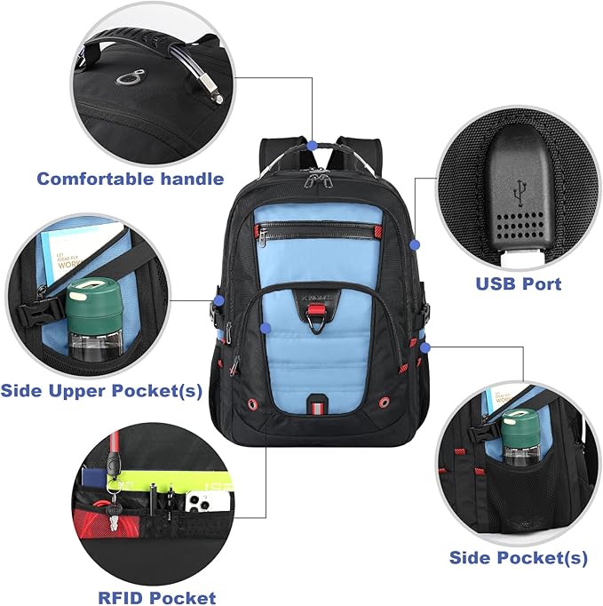Z-MGKISS 18.4"-19" Extra Large Laptop Backpack, Water-Resistant Gaming Laptop Travel Backpack, School Bag with USB Charging Port and Multiple Compartments, Gifts for Men & Women, Lake Blue