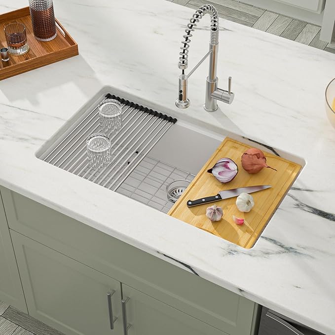 Dcolora 30 Inch White Kitchen Sink Granite Composite Workstation Undermount Quartz Single Bowl Kitchen Sink 30"W x 19"D x 10"H, DC-GU5521