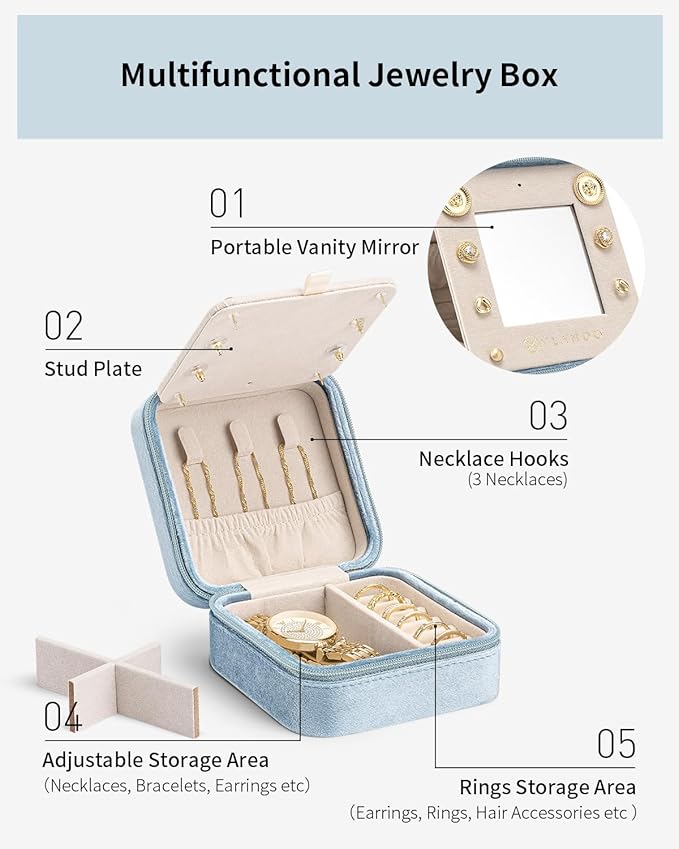 Vlando Valentines Day Gifts for Her, Bridesmaid Gifts for Women, Bridesmaid Proposal Gifts Unique Gifts, Wedding Travel Essentials Small Jewelry Box, Travel Jewelry Case - Letter G, Blue