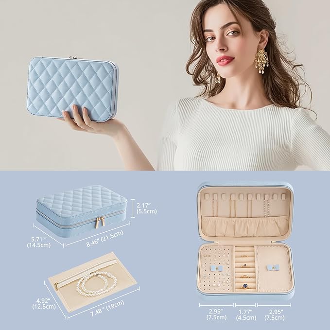 Lolalet Travel Jewelry Case for Women, Travel Jewelry Organizer Box with Mirror & Clear Storage Bag, Small Portable Traveling Earring Necklace Bracelet Ring Case, Bridesmaid Gifts -Medium, Blue