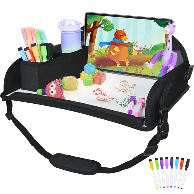 Upgraded Kids Travel Tray for Airplane - Toddler Car Seat Table Tray, Road Trip Essentials for Boys & Girls, Carseat Lap Desk for Kids Road Trip Activities, Black