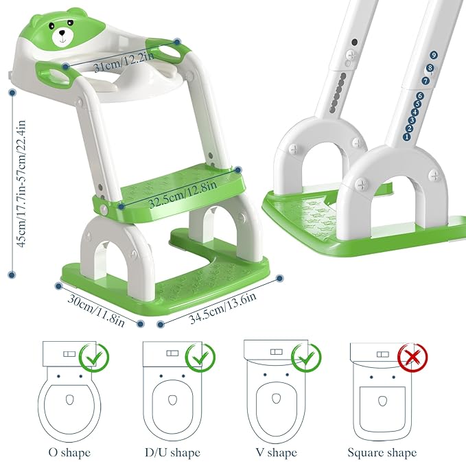 Potty Training Seat for Toddlers, Adjustable Height 2-in-1 Potty Training Toilet Ladder for Kids Boys Girls with Splash Guard, Waterproof Cushion, Anti-Slip Pad Step Stoo - Green