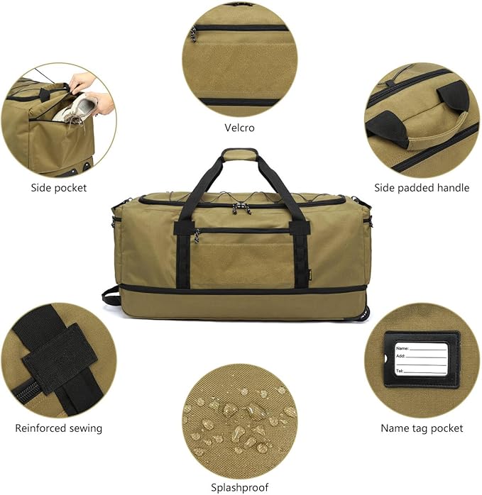 Laripwit Collapsible Duffle Bag with Wheels 130-170L Extra Large Expandable Travel Duffel Bag for Men Women Heavy Duty Military Duffle Bag for Camping Rolling Foldable Carry On Luggage, Brown