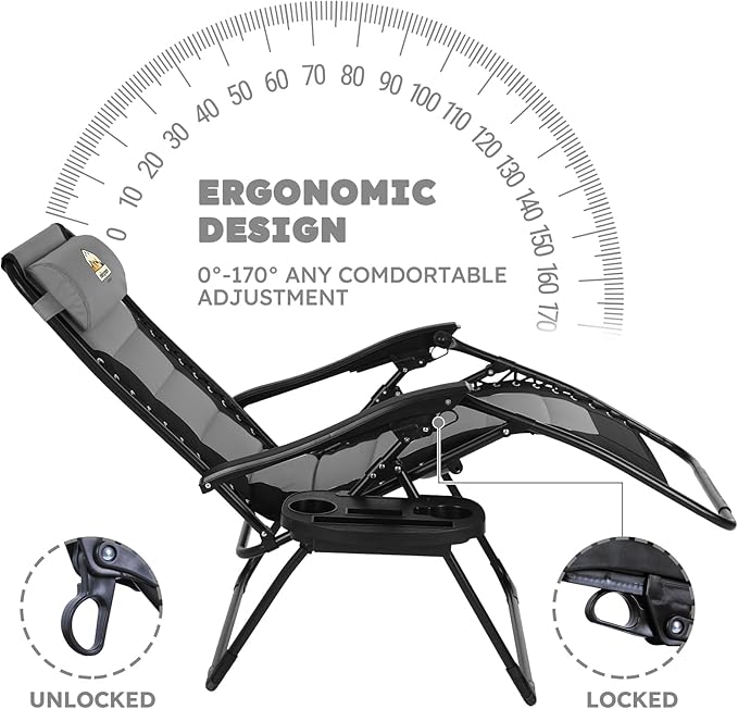 Oversized Padded Zero Gravity Lounge Chair, Foldable Patio Anti Gravity Reclining Chairs Folding Lawn Recliner with Cup Holder for Yard, Camping, Outdoor, Support 350 LBS, Black