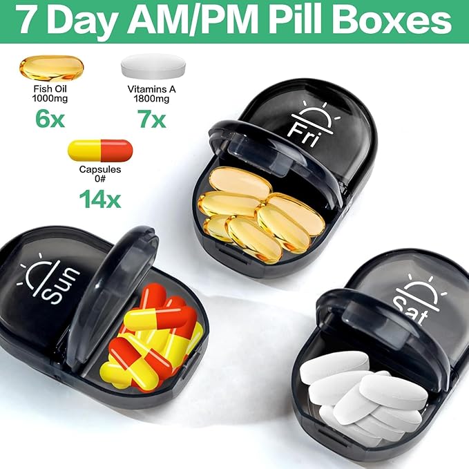 Serfeymi Weekly Travel Pill Organizer 2 Times A Day AM PM Upgraded Black Pill Box 7 Day with Portable Zipper PU Leather Pill Case, Medicine Organizer for Pills, Vitamins, Fish Oils - Black 01