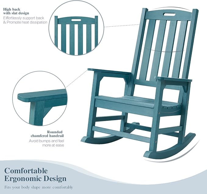 Psilvam Oversized Outdoor Rocking Chair, with 21" Wide Seat and 32" Tall Backrest, Pre-Assembled with Most Components for Effortless Installation (Blue)