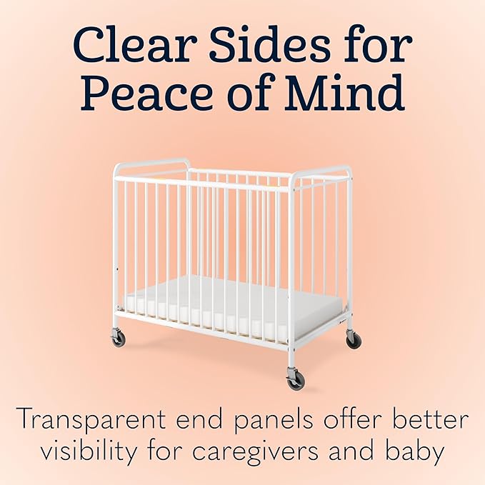 Foundations Chelsea Slatted Metal Compact Daycare Crib, 3" Casters, Compact Mini Size, Easy to Clean Durable Finish, Adjustable to Two Heights Mattress Board (White)