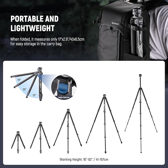 NEEWER LITETRIP LT32 Camera Travel Tripod, Carbon Fiber Portable Stand, Ball Head Detachable Center Axis Flip Buckle Cleaning Cloth Arca QR Plate Compatible with Peak Design Capture V3 (Former TP62)