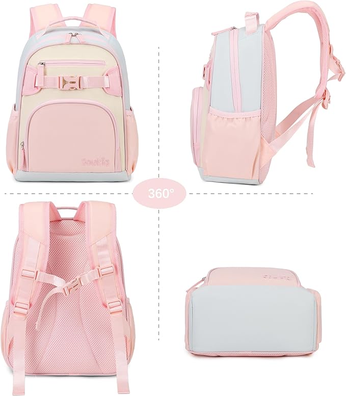 Lightweight Cute Kids Backpack for School Kindergarten Elementary Backpacks for Gilrs ages 6-8-10 (Pink Cream Celeste)