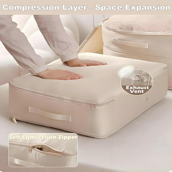 Ultra Space Saving Self Compression Organizer, 2025 New Large Capacity Storage Bag, Thick Satin Fabric Heavy Duty Bags for Comforters Blankets Bedding Duvet (Beige, Large, 21x17x12in)