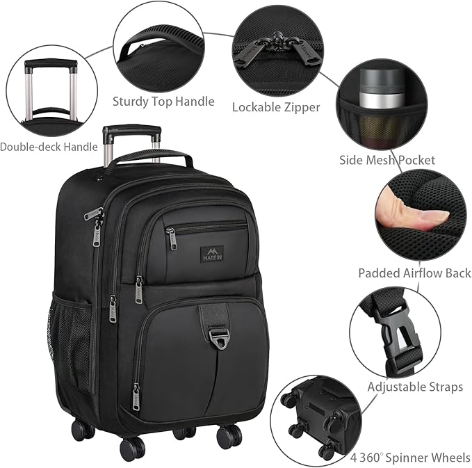 MATEIN Roller Backpack, 18 inch Large Travel Laptop Bag with 4 Wheels for Adults, Heavy Duty Wheeled Suitcase Luggage Pack for Work Business, Rolling Spinner Computer Rucksack for Men Women, Black
