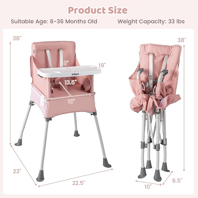 INFANS Baby High Chair, Foldable Portable Highchair for Babies and Toddlers with Travel Bag Adjustable Tray, 5 Point Harness, Compact Space Saver Infant Feeding Chair for Age 6-36 Months (Pink)