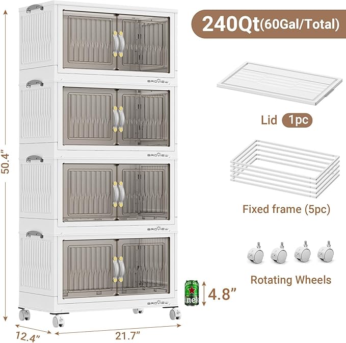 BROVIEW 240Qt Stackable Storage Bins with Lid, Extra Large Closet Organizer Collapsible Drawer Boxes with Wheels, Folding Plastic Cabinet Containers for Home Kitchen Room Organization, 4Pack White