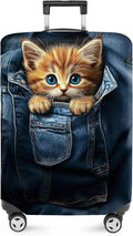 ANNA QUEEN Cute Kitten in Pocket Luggage Cover, Funny Cat Suitcase Protector with Denim Print, Stretchable & Washable Spandex Travel Cover for 28-30 Inch Luggage