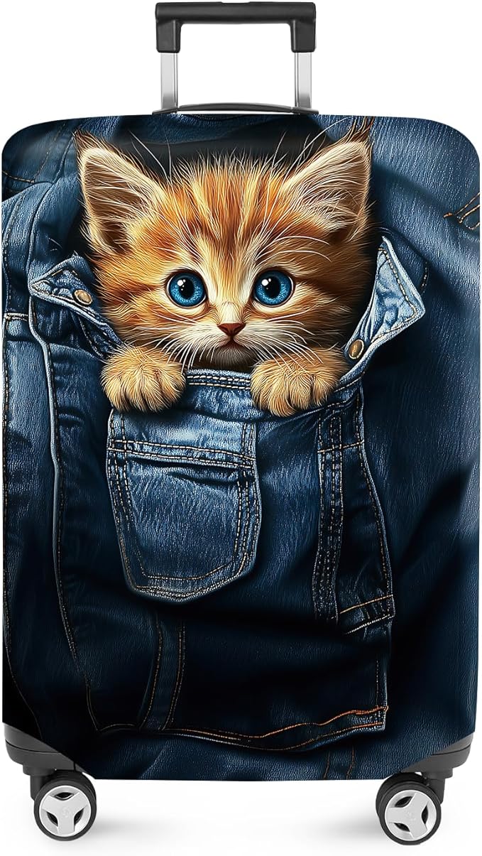 ANNA QUEEN Cute Kitten in Pocket Luggage Cover, Funny Cat Suitcase Protector with Denim Print, Stretchable & Washable Spandex Travel Cover for 20-22 Inch Luggage