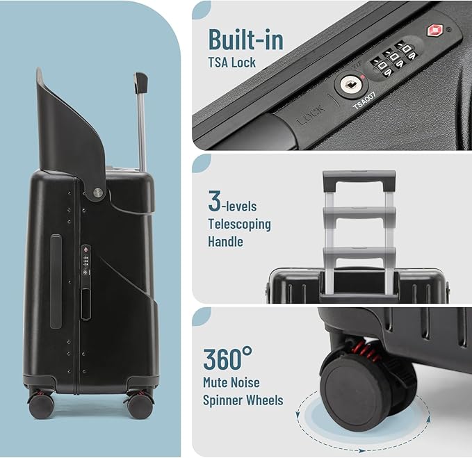 20-Inch Ride-On Suitcase for Kids & Adults – TSA-Approved Underseat Carry-On Luggage with 360° Wheels, Built-In Seat & Safety Belt – Lightweight Durable Spinner Suitcase for Airplane Travel Fits Ages