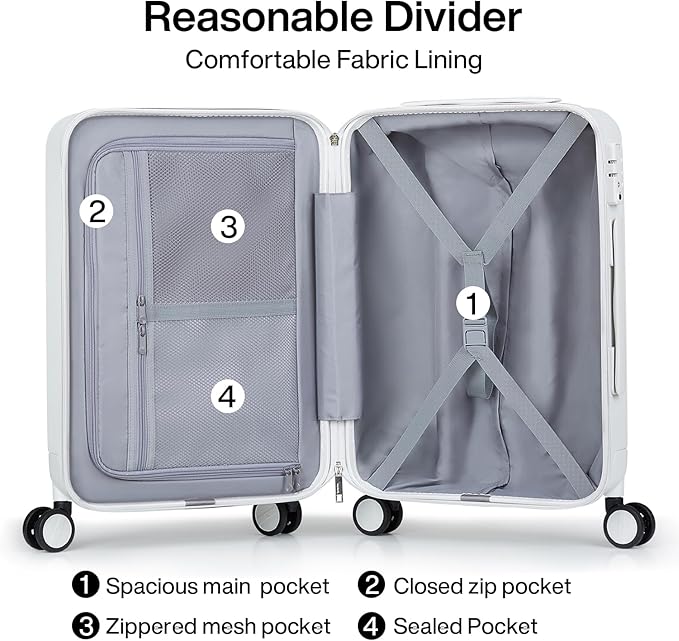Hanke 20 Inch Carry On Luggage 22x14x9 Airline Approved PC Hard Shell Suitcases with Wheels TSA Luggage for Women Men Lightweight Travel Luggage(Smoke White)