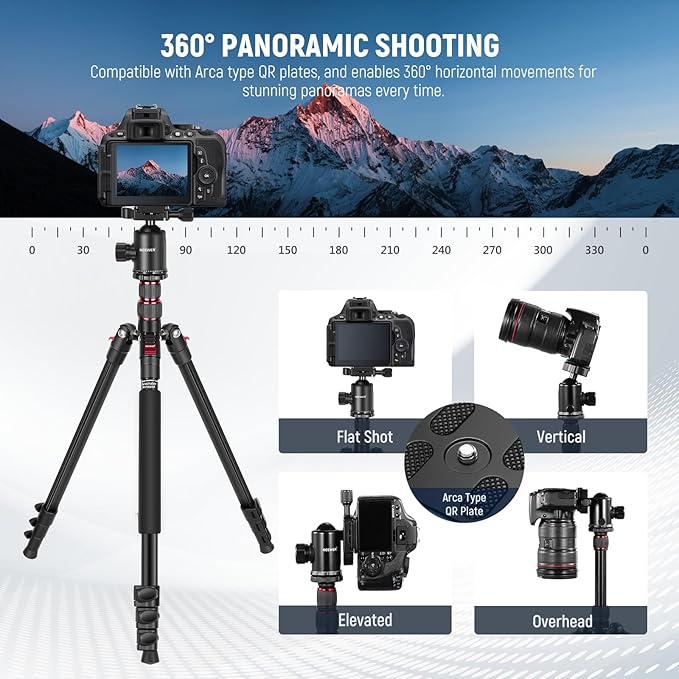 NEEWER 77" Camera Tripod Monopod with Cell Phone Holder Compatible with iPhone for Video Recording, Compact Aluminum Lightweight Travel Stand with Ball Head QR Plate Bag Cleaning Cloth, Max Load 34lbs