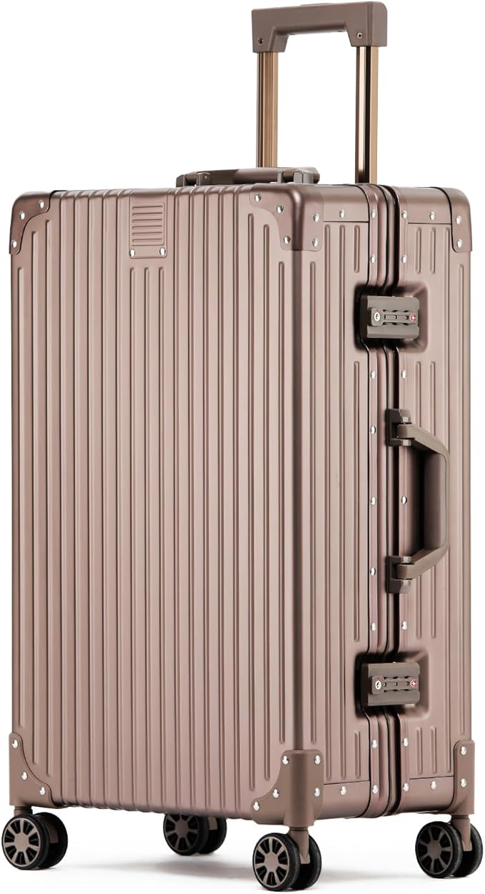 Metal All Aluminum Carry-on Luggage TSA Customs Lock Zipperless Silent Rotary Wheel Business Suitcase Aluminum Frame Set (titanium gold, 26 '')