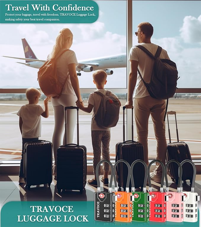 Search Alert TSA Approved Travel Combination Luggage Cable Locks for Suitcase, Gym Locker,Toolbox,Backpack 1,2,4,6 &10 pk (Black 3 Pack)