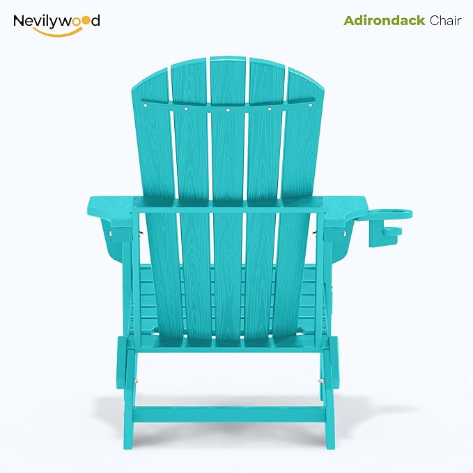 Folding Adirondack Chair - Extended Ergonomic Backrest, Cup Holder - Easy Assembly - Durable HDPE Plastic, Weather Resistant & Maintenance-Free - Lawn, Patio, Deck Supports 380lbs Aruba