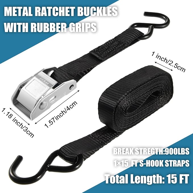 16 Pcs Cambuckle Tie Down Straps 1763lbs Break Strength Securing Straps 1'' x 15 ft Cambuckle Tie Downs with S Hook for Motorcycle, Kayak, Car, Truck, Boat Moving, Securing Cargo(Black)
