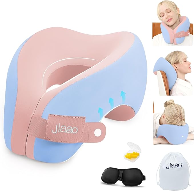 Travel Neck Pillow, Ergonomic Airplane Pillow for International Flights, Travel Essentials with 3D Eye Masks, Ear Plugs and Storage Bag, U Shaped Neck Support for Road Trips, Camping, Train