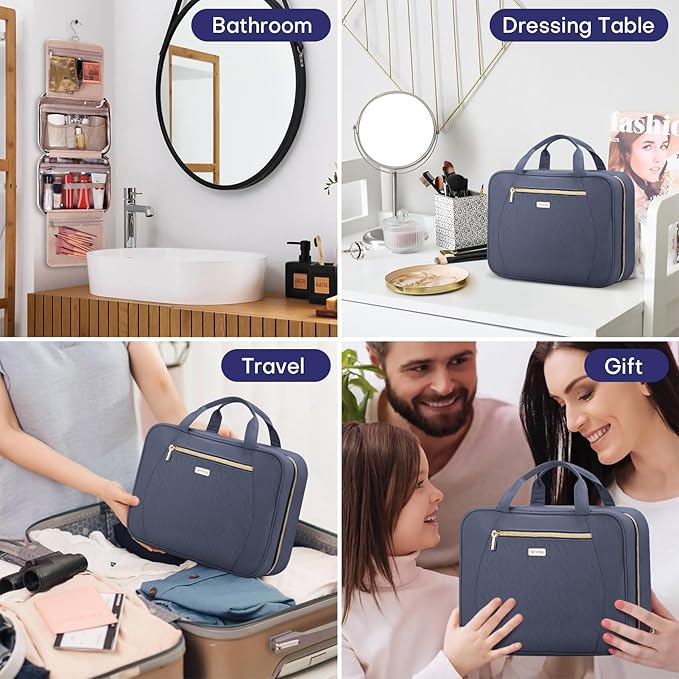 Hanging Toiletry Bag for Women Travel, 2 Sizes Large & Small Waterproof Cosmetic Organizer with 4 Compartments, Rotating Hook, Foldable Pink Travel Bag for Toiletries & Makeup, Large Grey Blue