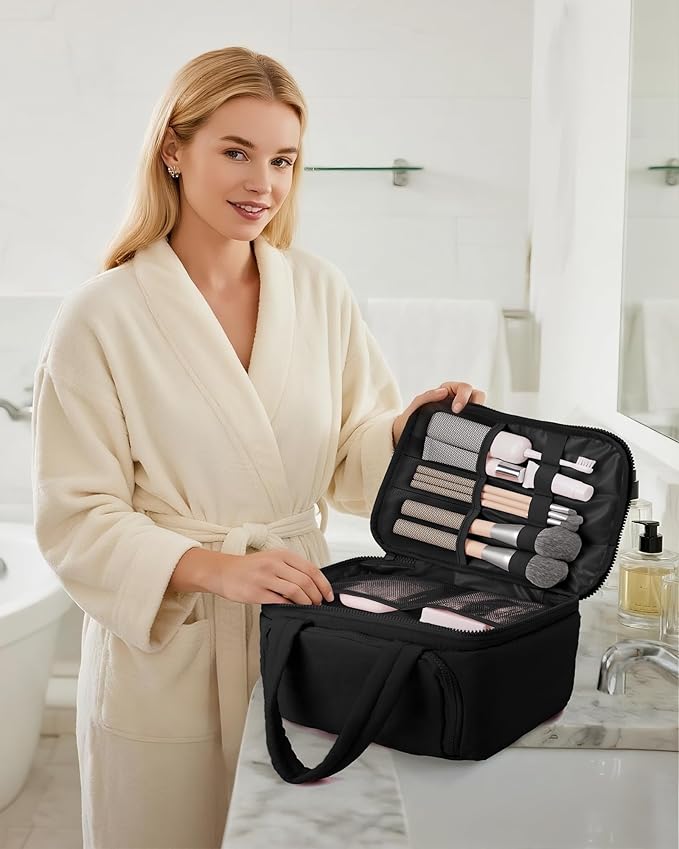 HOTOR Travel Toiletry Bag - Wide-Open Toiletry Bag for Women, Multi-Pocket Makeup Bag for Travel Essentials, Wet & Dry Separation Travel Accessories for Trip, Gym, 12.6" x 6.3" x 8.9", Black