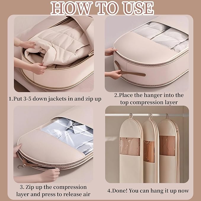 Space Saving Hanging Garment Bag With Self Compression Zipper,Garment Bags for Travel,Dust Cover for Coats Down Jackets, Closet Clothes Organizer with Clear Window (Beige, L*2Pcs)