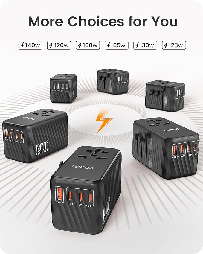 LENCENT International Travel Adapter, 120W GaN Universal Fast Charger with 3 PD3.0 Type C+1 QC USB A, All in One Power Adaptor for iPhones,Laptops, Worldwide Plug Adapter for EU/USA/UK/AU, Black