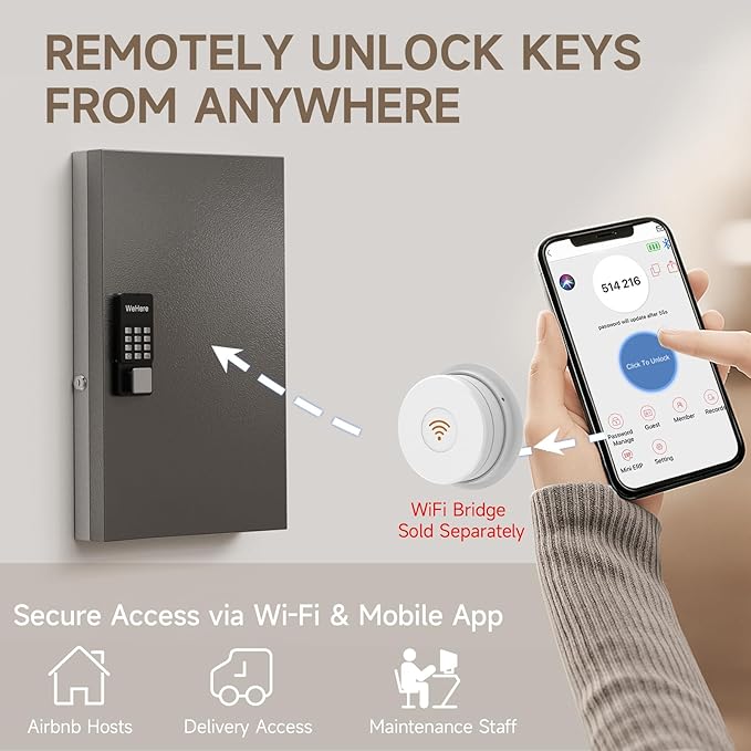 WeHere 72 Key Lock Box Wall Mount, APP Bluetooth/OTP/Wi-Fi/Fixed Code/Key Unlock, Smart Key Cabinet with Key Tag, Key Organizer Holder Box, Key Management Directory for Office, Valet, Realtor, Hotel