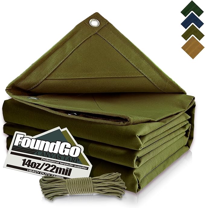 FoundGo Canvas Tarp 10x12ft Heavy Duty Waterproof Tarps with Grommets, UV Resistant, 22 Mil Tarpaulin,14 oz Durable Cloth Covers for Car, Roof, Boat, Camp, Canopy, Woodpile with Ropes-Moss