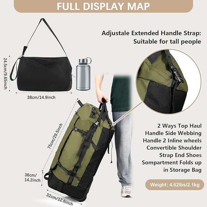 CONTAIL 86L Foldable Wheeled Duffel Backpack with Padded Quilted Bottom, Waterproof Collapsible Travel Duffle Bag with Extended Web Handles,No Telescope Handle,Army Green