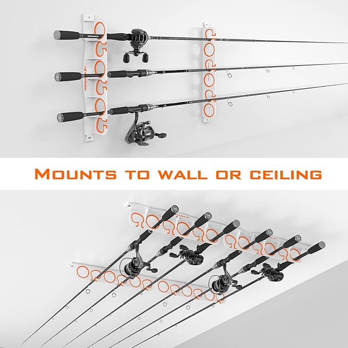 KastKing SafeGuard Fishing Rod Holder for Garage, Wall or Ceiling Mounted Fishing Rod Rack Storage Organizer, Fishing Pole Holder Holds 6 Rods or Combos in Less Than 18 Inches