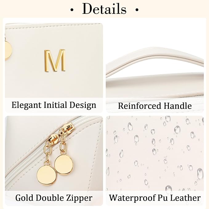 Birthday Gifts for Women Teen Girl, Personalized Initial Makeup Organizer Bag Set, Open Flat Travel Cosmetic Bag With Clear Divider and Handle(Beige,M)