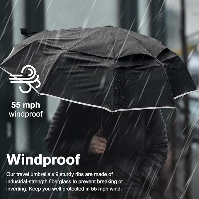 G4Free 42 Inch Eco Windproof Folding Umbrella for Rain & Sun 9 Ribs Wind Resistant Strong Fiberglass Double Canopy with Reflective Strip for Women Men Auto Open Close For Car & Backpack