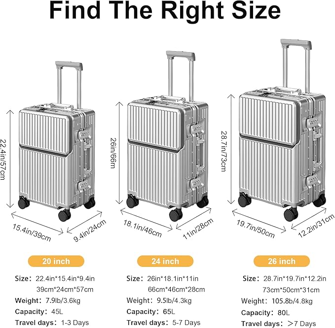 Zipperless Luggage, 22x14x9 Aviation Certified, Polycarbonate Aluminum Hardshell, Expandable Carry-On Luggage with Spinner Wheels, Hardshell Luggage, 20 Inch Cabin
