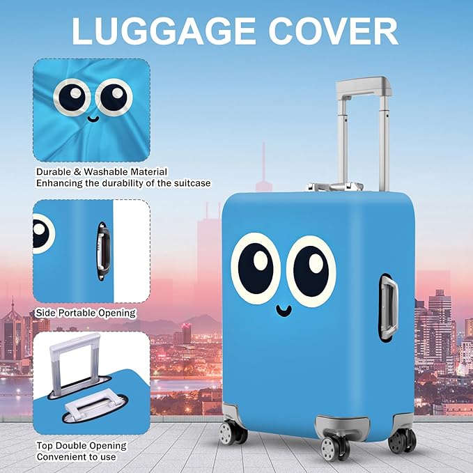 ANNA QUEEN Cute Smiley Face Luggage Cover, Blue Cartoon Suitcase Protector with Big Eyes Design, Stretchable, Washable Travel Cover for 28-30 Inch Luggage