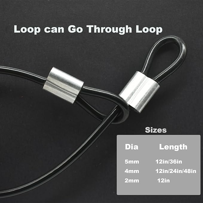10 pcs 2mm Wire 12 inch Vinyl Coated Stainless Steel Cable with Loops Short Wire Rope Lanyard Lock Security Chain Link for Outdoor Gates,Black(2mm x 12inch)