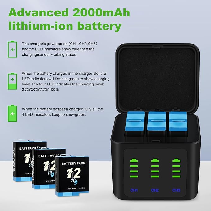 Battery Charger Kits for GoPro Hero 12 11 10 9 Black, 3-Pack 2000mAh Replacement Batteries + Triple Charge Case with Type-C Charging Cord for Go Pro 12 11 10 9 Official Batteries Accessories