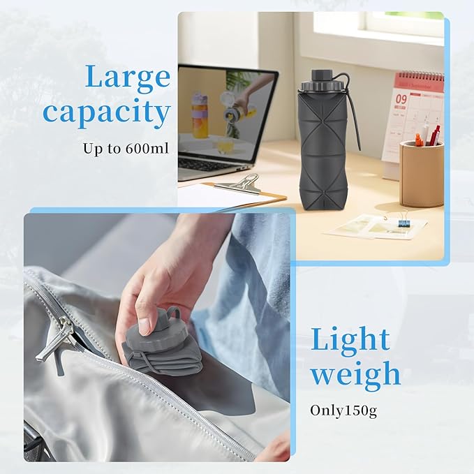YCT Collapsible Silicone Travel Water Bottle 20oz (600ml), Reuseable Leakproof BPA Free Foldable Sports Bottle, with Carrying Strap, Blue + Pink