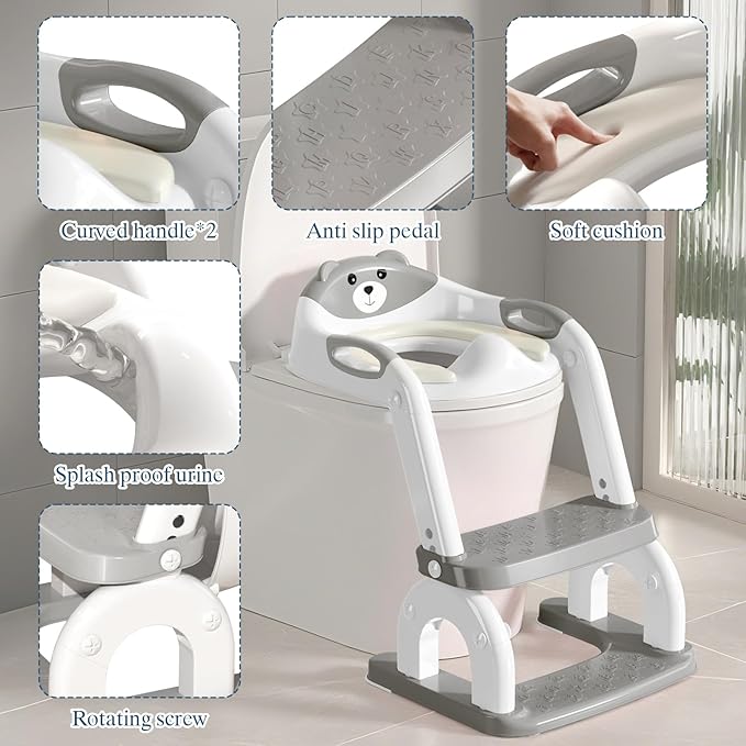 Potty Training Seat for Toddlers, Adjustable Height 2-in-1 Potty Training Toilet Ladder for Kids Boys Girls with Splash Guard, Waterproof Cushion, Anti-Slip Pad Step Stoo - Grey