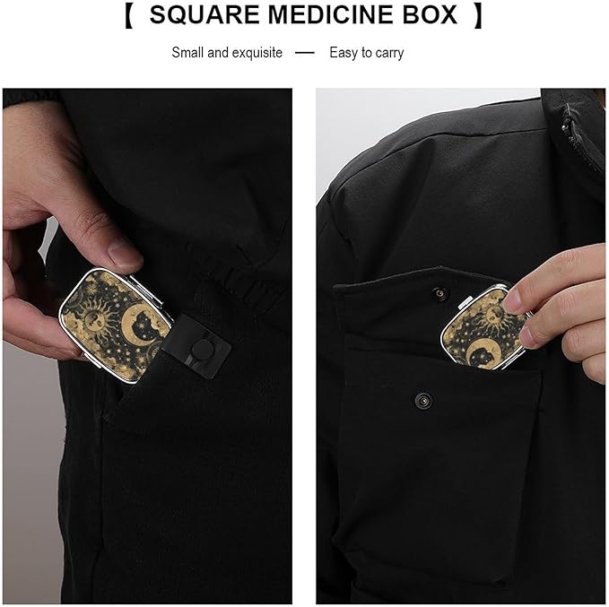 Metal 2 Compartment Pill Organizer Travel Friendly Portable Compact Pill Box Cute Pill Case,for Pocket Wallets Daily Portable Medicine Vitamin Tablet Storage (The Sun and The Moon)