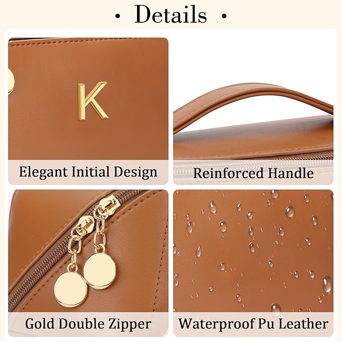 Birthday Gifts for Women Teen Girl, Personalized Initial Makeup Organizer Bag Set, Open Flat Travel Cosmetic Bag With Clear Divider and Handle(Brown,K)